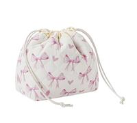 RSRSLEII 2Pcs Small Cotton Quilted Makeup Bag Set, Cute Coquette Drawstring Cosmetic Bag with Canvas Lining, Aesthetic Travel Organized Toiletry Bags for Purse, 12Heart Bow, Cute, Floral