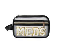 RSRSLEII Chenille Letter Clear Meds Makeup Pouch with Handle, Preppy Patch Medication Bag,Waterproof Zipper Medicine Storage Organizer for Doctor Patient Nurse（Black MEDS）