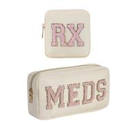 RSRSLEII Chenille Letter Patch Nylon Medicine Packages,Cute MEDS Travel Makeup Bag with Metal Zipper, First Aid Purse Organizer Cosmetic Bag for Women and Girls, Beige MEDS-RX