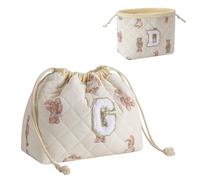 RSRSLEII Initial A-Z Quilted Cotton Drawstring Makeup Bag, Monogrammed Birthday Gift for Women Girls,Aesthetic Personalized Chenille Letter Travel Cosmetic Pouch with Bear Pattern, Bear