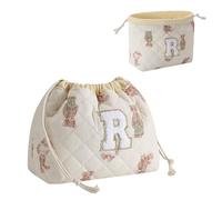 RSRSLEII Initial A-Z Quilted Cotton Drawstring Makeup Bag, Monogrammed Birthday Gift for Women Girls,Aesthetic Personalized Chenille Letter Travel Cosmetic Pouch with Bear Pattern, Bear, R