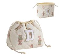 RSRSLEII Initial A-Z Quilted Cotton Drawstring Makeup Bag, Monogrammed Birthday Gift for Women Girls,Aesthetic Personalized Chenille Letter Travel Cosmetic Pouch with Bear Pattern, Bear, D