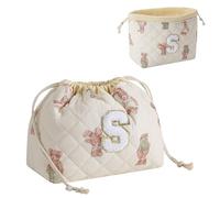 RSRSLEII Initial A-Z Quilted Cotton Drawstring Makeup Bag, Monogrammed Birthday Gift for Women Girls,Aesthetic Personalized Chenille Letter Travel Cosmetic Pouch with Bear Pattern, Bear, S