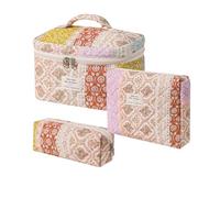 RSRSLEII Large Quilted Makeup Bag for Women and Girls, Cute Coquette Floral Cotton Cosmetic Bag, Aesthetic Travel Organized Toiletry Bags, 3pcs Brown
