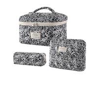 RSRSLEII Large Quilted Makeup Bag for Women and Girls, Cute Coquette Floral Cotton Cosmetic Bag, Aesthetic Travel Organized Toiletry Bags, 3pcs Black