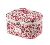 RSRSLEII Large Quilted Makeup Bag for Women and Girls, Cute Coquette Floral Cotton Cosmetic Bag, Aesthetic Travel Organized Toiletry Bags, Hot Pink
