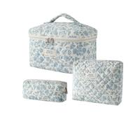 RSRSLEII Large Quilted Makeup Bag for Women and Girls, Cute Coquette Floral Cotton Cosmetic Bag, Aesthetic Travel Organized Toiletry Bags, 3pcs Light Blue