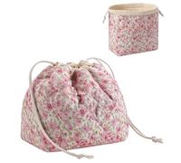 RSRSLEII Small Cotton Quilted Drawstring Makeup Bag, Cute Coquette Cosmetic Bag with Canvas Lining, Aesthetic Travel Organized Toiletry Bags for Purse, Gift for Girls and women, 03Pink Flower