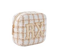 RSRSLEII Small Medicine Bag for Travel, Personalized RX Chenille Letters Checkered Pouch for Women and Girls, Cute Meds Drug Makeup Bags with Zipper, 01Beige Checkered, Travel