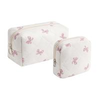 RSRSLEII Small Quilted Cosmetic Pouch for Purse, Mini Cotton Makeup Bag with Compartments, Cute Zipper Lipstick Holder for Women, 19 Pink Bow Set