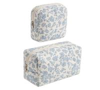 RSRSLEII Small Quilted Cosmetic Pouch for Purse, Mini Cotton Makeup Bag with Compartments, Cute Zipper Lipstick Holder for Women, 21 Blue Flower Set