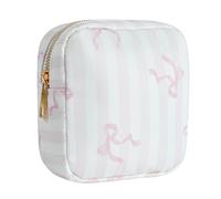 RSRSLEII Small Waterproof Nylon Makeup Bag with Bow Pattern, Aesthetic Cosmetics Pouch and Toiletry Bag for Travel, Cute Makeup Organizer Storage Pouch for Women Girls, 02Striped Bow