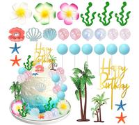 Rsstaixi Hawaiian Beach Cake Topper Decorations with Seashells Palm Trees Hibiscus Flower Cake Pick for Moana Tropical Luau Birthday Wedding Party DIY Cake Decorations Supplies