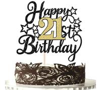 Rsstarxi 1 Pack Black Gold Happy Birthday Cake Topper Glitter Cheer to 21st Birthday Decorations for Him Her 21st Anniversary Birthday Party Cake Decorations Supplies