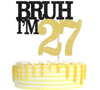 Rsstarxi 1 Pack Bruh I'm 27 Cake Topper It's My 27th Birthday Cake Decorations Cheers to 27 Years Old Cake Picks for Boys 27th Birthday Party Decorations Supplies Black Gold
