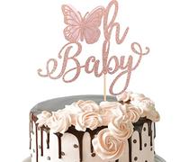 Rsstarxi 1 Pack Butterfly Oh Baby Cake Topper Rose Gold Glitter Baby Shower Butterfly Cake Pick Decorations for Gender Reveal Baby Shower Kids Girls Birthday Party Supplies