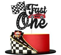 Rsstarxi 1 Pack Fast One Cake Topper Black Glitter Race Car 1st Birthday Cake Topper Checkered Flag Fast One Birthday Decorations for Boys Car Themed Party Decorations Supplies