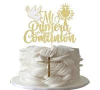 Rsstarxi 1 Pack First Communion Cake Topper Gold Holy Grail Glitter Dove Spanish Mi Primera Comunión Cake Pick for God Bless Christian Baptism Baby Shower Bithday Party Cake Decorations