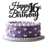 Rsstarxi 1 Pack Happy 16th Birthday Cake Topper Black Glitter Cheers to 16 Years Hello 16 Fabulous Cake Pick for It's My 16 Birthday Theme Celebrate Party Cake Decorations Supplies
