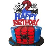 Rsstarxi 1 Pack Happy 2nd Birthday Cake Topper Glitter Spider Web Cake Pick Superhero Spider Party Cake Decorations for Children Kids Boys Happy Second Birthday Party Cake Decorations Supplies