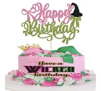 Rsstarxi 1 Pack Happy Birthday Cake Topper Pink Bownot Glitter Black Witch Hat Cake Pick for Halloween Baby Shower Witch Wizard Theme Happy Birthday Party Cake Decorations Supplies
