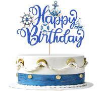Rsstarxi 1 Pack Nautical Happy Birthday Cake Topper Glitter Cruise Ship Pirate Cake Pick Nautical Cake Decorations for Ocean Theme Baby Shower Birthday Party Supplies