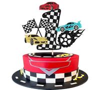 Rsstarxi 1 Pack Race Car First Birthday Cake Topper Glitter Black Checkered Flag Cake Pick Cars Birthday Decorations for Boys Girls One Years Old Racing Car Themed Party Decorations