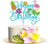 Rsstarxi 1 Pack Tropical Luau Happy Birthday Cake Topper Glitter Blue Palm Tree Flamingo Pineapple Aloha Cake Pick Decoration for Hawaiian Luau Baby Shower Birthday Party Cake Decorations Supplies