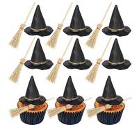Rsstarxi 12 Pack Halloween Witch Theme Cupcake Toppers Broom Witch Hat Cupcake Picks for Witch Wizard Theme Birthday Halloween Party Cake Decorations Supplies