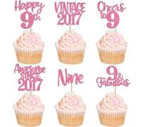 Rsstarxi 24 Pack 9th Birthday Cupcake Toppers Girl 9th Birthday Cake Decorations 9 Fabulous Vintage 2017 Cupcake Picks for Cheers to 9 Years Old Wedding Anniversary Party Decorations Pink