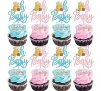 Rsstarxi 24 Pack Bear Oh Baby Cupcake Toppers Pink Blue Bow Bear Cupcake Picks for Gender Reveal Baby Shower Birthday Party Cake Decorations