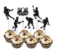 Rsstarxi 24 Pack Black Glitter Lacrosse Cupcake Toppers Lacrosse Party Decorations for boys Lacrosse Player Cupcake Picks for Lacrosse Sport Baby Shower Birthday Party Cake Decorations