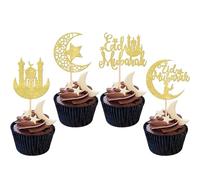Rsstarxi 24 Pack Gold Eid Mubarak Cupcake Toppers Glitter Moon and Star Eid Cupcake Picks for Ramadan Kareem Eid Islamic Muslim Theme Party Cake Decorations