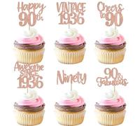 Rsstarxi 24 Pack Happy 90th Birthday Cupcake Toppers Glitter Ninety 90 Fabulous Vintage 1935 Cupcake Picks for Cheers to 90 Years 90th Birthday Wedding Anniversary Party Cake Decorations Rose Gold