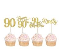 Rsstarxi 24 Pack Happy 90th Birthday Cupcake Toppers Gold Glitter Ninety 90 Fabulous Cupcake Picks 90th Birthday Cake Decorations for 90th Birthday Anniversary Party Decorations