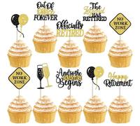 Rsstarxi 24 Pack Happy Retirement Cupcake Toppers Black Gold Officially Retired Cupcake Picks Adventure Begins No Work Zone Retirement Party Decorations for Farewell Birthday Party Cake Decorations