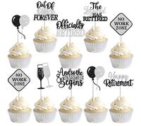 Rsstarxi 24 Pack Happy Retirement Cupcake Toppers Glitter Officially Retired Cupcake Picks No Work Zone Retirement Party Decorations for Farewell Birthday Party Cake Decorations Supplies Black Silver