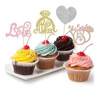 Rsstarxi 24 Pack He Asked She Said Yes Cupcake Toppers Glitter Wedding Cupcake Decorations Diamond Ring Heart Cupcake Picks for Bridal Shower Wedding Engagement Party Decorations Multi