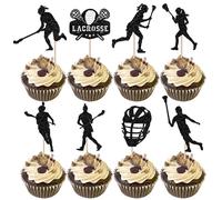 Rsstarxi 24 Pack Lacrosse Cupcake Toppers Lacrosse Party Decorations Lacrosse Player Cupcake Picks for Lacrosse Sport Baby Shower Girl Birthday Party Cake Decorations Black