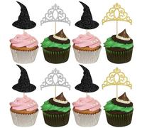 Rsstarxi 24 Pack Magic Witch Theme Cupcake Toppers Black Glitter Witch Hat Cupcake Picks Crown Gril Theme Cake Decorations for Witch Wizard Theme Baby Shower Birthday Party Cake Decorations