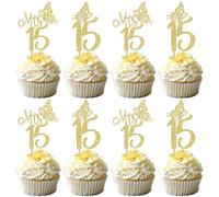 Rsstarxi 24 Pack Mis Quince 15 Cupcake Toppers Glitter 15th Birthday Cupcake Picks for 15th Birthday Anniversary Party Cake Decorations Supplies Gold