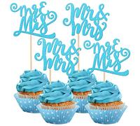 Rsstarxi 24 Pack Mr & Mrs Cupcake Toppers Glitter Wedding Engagement Cupcake Picks for Bridal Shower Engagement Theme Party Cake Decorations Supplies Blue