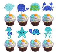 Rsstarxi 24 Pack Ocean Animals Cupcake Toppers Blue Glitter Cartoon Whale Turtle Starfish Jellyfish Cupcake Picks for Under the Sea Theme Baby Shower Kids Birthday Party Cake Decorations