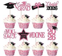 Rsstarxi 24 Pack Pink Class of 2026 Graduation Cupcake Toppers 2026 Graduation Decoratons Congrats Grad Cap Cupcake Picks for So Proud of You Did it 2026 Graduation Party Cake Decorations