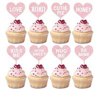 Rsstarxi 24 Pack Valentines Day Cupcake Toppers Glitter Pink Sweet Love Be Mine Cupcake Picks Valentines Day Cake Decorations for Valentine's Day Wedding Bridal Shower Birthday Party Decorations