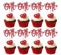 Rsstarxi 24 Pack Valentines One Cupcake Toppers Glitter Red Love Sweetheart Baby Shower Valentine's Day 1st Birthday Cupcake Picks Decorations for Valentines Day First Birthday Party Cake Decorations