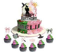 Rsstarxi 25 Pack Princess Witch Happy Birthday Cake Topper Pink Green Bow Crown Cupake Pick Broom Magic Witch Cake Decorations for Halloween Wizard Baby Shower Birthday Party Cake Supplies