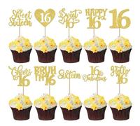Rsstarxi 30Pack Happy Sweet 16th Birthday Cupcake Toppers Gold Glitter Happy Sixteen Bruh I'm 16 Cupcake Picks Cheers to Sweet 16 Cake Decorations for 16th Birthday Anniversary Party Supplies