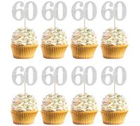 Rsstarxi 36 Pack Number 60 Cupcake Toppers Silver Glitter Cheers to 60 Years Birthday Cupcake Picks Decoration for Happy 60th Birthday Wedding Anniversary Party Cake Decorations