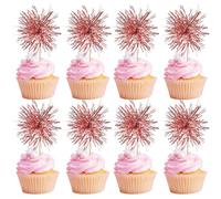 Rsstarxi 40 Pack Rose Gold Foil Firework Cupcake Toppers Sparkles Fireworks Sticks Birthday Decorations Sparkle Tinsel Cocktail Fruit Toothpick for Birthday Wedding Graduation Party Cake Decorations